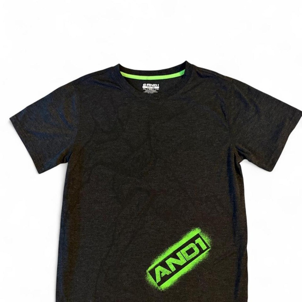 AND1 Boys XL 14/16 T-Shirt Black Grey Neon Green Basketball Graphic Tee Y2K